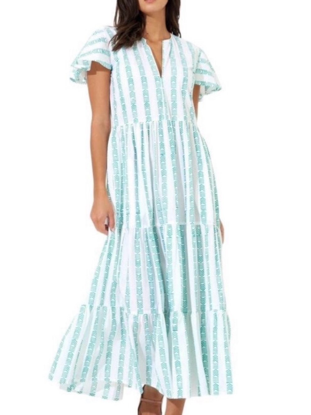 Oliphant Aqua-White Vertical Stripe Maxi Dress